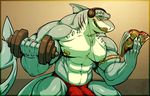  anthro blush clothing exercise fish headphones huge_bulge licking licking_lips magazine male marine multi_penis muscular neodokuro nipple_piercing nipples penis piercing riptide_(legogood) shark smile solo sweat tongue tongue_out underwear weightlifting workout 