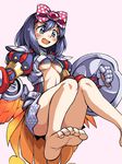  1girl armor ass blue_hair blush character_request feet long_hair oyatsu_(mk2) ribbon shield toes 