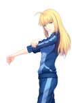  absurdres ahoge artoria_pendragon_(all) artoria_pendragon_(lancer) bangs blonde_hair blue_jacket blue_pants breasts cosplay cowboy_shot eyebrows_visible_through_hair fate/grand_order fate_(series) fateline_alpha from_side green_eyes highres idolmaster idolmaster_cinderella_girls jacket long_hair long_sleeves looking_at_viewer medium_breasts pants parted_lips shibuya_rin shibuya_rin_(cosplay) sidelocks simple_background solo standing teeth track_pants track_suit white_background 