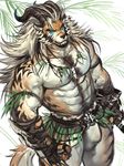  armband armor blue_eyes brown_fur bulge clothing fur gauntlets gloves grass_skirt hair horn jewelry looking_at_viewer necklace orange_fur partially_see_through tribal underwear unknown_species white_fur white_hair yy6241 