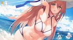  bare_shoulders beach bikini breasts brown_hair cleavage copyright_name day five-seven_(girls_frontline) girls_frontline green_eyes hand_on_headwear hat highres large_breasts long_hair m1903_springfield_(girls_frontline) m1_garand_(girls_frontline) ntw-20_(girls_frontline) o-ring o-ring_bikini o-ring_top official_art open_mouth suisai sun_hat swimsuit white_swimsuit 