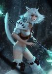  animal_ears armor blurry blurry_foreground boots bug butterfly cat_ears cat_tail choker facial_mark final_fantasy final_fantasy_xiv gloves hair_ornament highres insect long_hair miqo'te raikoart red_eyes short_shorts shorts shoulder_armor signature single_glove slit_pupils snowing solo standing tail thigh_boots thighhighs weapon white_hair 