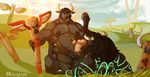  2017 anthro balls beard black_fur blinkblinkblink bovine cattle duo facial_hair frottage fur grass hi_res hooves horn katahe_wildmane male male/male mammal nipples nude penis plains ritsukaxan sex sobek_harken t-howl tattoo tauren totem video_games warcraft 