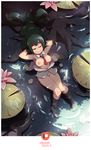  :&gt; arms_behind_head asui_tsuyu black_legwear boku_no_hero_academia bottomless breasts closed_eyes detached_collar flower from_above green_hair hair_rings highres lily_pad long_hair low-tied_long_hair medium_breasts necktie nipples no_bra no_undershirt partially_submerged phinci pussy reclining rock roots school_uniform shade socks solo very_long_hair water 