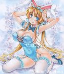  animal_ears arm_scrunchie armpits arms_up artist_name at_classics bangs blonde_hair blue_bow blue_eyes blue_neckwear blush bow bowtie breasts bunny_ears bunny_pose bunnysuit covered_navel covered_nipples detached_collar eyebrows_visible_through_hair fake_animal_ears fang frills full_body garter_straps hairband high_heels large_breasts long_hair looking_at_viewer open_mouth original sample sitting smile solo thighhighs traditional_media very_long_hair watermark white_legwear wrist_cuffs 