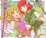  blonde_hair blush clarine cosplay costume_switch dress fire_emblem fire_emblem:_fuuin_no_tsurugi fire_emblem:_rekka_no_ken fire_emblem_heroes gloves green_eyes holding long_hair looking_at_viewer multiple_girls noshima open_mouth polearm ponytail priscilla_(fire_emblem) purple_eyes red_hair short_hair sidelocks skirt smile sparkle staff weapon white_skirt 