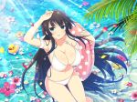  1girl bikini black_hair blue_eyes breasts cleavage flower ikaruga_(senran_kagura) innertube large_breasts long_hair looking_at_viewer navel official_art open_mouth petals senran_kagura senran_kagura_new_link smile solo swimsuit very_long_hair water wet white_bikini yaegashi_nan 