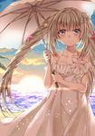  bangs bare_shoulders beach blonde_hair blue_eyes cloud cloudy_sky collarbone cowboy_shot dress eyebrows_visible_through_hair fate/grand_order fate_(series) flower hair_ornament holding holding_umbrella horizon light_smile long_hair looking_at_viewer marie_antoinette_(fate/grand_order) marie_antoinette_(swimsuit_caster)_(fate) ocean off-shoulder_dress off_shoulder outdoors seashell shell sidelocks sky solo starfish starfish_hair_ornament sun sundress twilight twintails umbrella very_long_hair white_dress yuihira_asu 