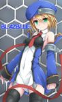  &gt;:) ass_visible_through_thighs bare_shoulders beret black_legwear blazblue blazblue:_calamity_trigger blazblue:_central_fiction blazblue:_chronophantasma blazblue:_continuum_shift blonde_hair blue_hat breasts closed_mouth copyright_name covered_navel detached_sleeves green_eyes hat jacket looking_at_viewer medium_breasts necktie noel_vermillion red_neckwear short_hair smile solo thighhighs uniform uumaru v-shaped_eyebrows 