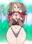  belly bikini black_bikini blush breasts cleavage curvy gundam gundam_build_fighters gundam_build_fighters_try hands_on_own_chest large_breasts long_hair looking_at_viewer navel plump sazaki_kaoruko sparkle swimsuit swimsuit_under_clothes tetrodotoxin thick_thighs thighs wide_hips 