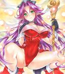  angela_(seiken_densetsu_3) artist_name at_classics bare_legs black_footwear black_gloves blush breasts cameltoe cleavage closed_mouth covered_navel crown gloves green_eyes hair_between_eyes holding holding_staff large_breasts leotard long_hair looking_at_viewer pointy_ears purple_hair red_leotard sample seiken_densetsu seiken_densetsu_3 shoes smile solo squatting staff traditional_media very_long_hair watermark 