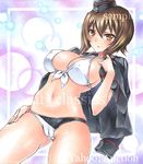  artist_name ass_visible_through_thighs at_classics bangs blush breasts cameltoe closed_mouth covered_navel cowboy_shot eyebrows_visible_through_hair front-tie_top garrison_cap girls_und_panzer hair_between_eyes hand_on_own_thigh hat jacket_on_shoulders kuromorimine_military_uniform large_breasts looking_at_viewer military military_uniform navel nishizumi_maho sample short_hair solo stomach traditional_media uniform watermark 