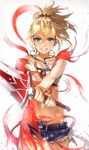  absurdres aqua_eyes bandeau bare_shoulders blonde_hair blurry blush breasts clarent commentary_request cutoffs depth_of_field earrings fate/apocrypha fate_(series) hair_ornament hair_scrunchie hieung highres holding holding_sword holding_weapon jewelry long_hair looking_at_viewer midriff mordred_(fate) mordred_(fate)_(all) navel necklace parted_lips ponytail red_scrunchie scrunchie short_shorts shorts small_breasts smile solo sword teeth transforming_clothes weapon 
