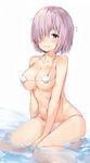  bikini blush breasts eyebrows_visible_through_hair fate/grand_order fate_(series) flying_sweatdrops hair_over_one_eye highres large_breasts lavender_hair looking_at_viewer mash_kyrielight micro_bikini navel parted_lips partially_submerged purple_eyes shell shell_bikini shiny shiny_skin short_hair silver_(chenwen) sitting skindentation solo swimsuit tears underboob wariza white_bikini 