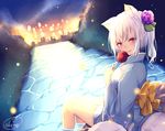  animal_ear_fluff animal_ears bangs blue_kimono blurry blush candy_apple chita_(ketchup) fireflies flower food fox_ears fox_girl fox_tail hair_flower hair_ornament highres holding holding_food japanese_clothes kimono long_sleeves looking_at_viewer looking_back night night_sky obi original outdoors parted_lips red_eyes river sash short_hair side_ponytail signature sitting sky smile soaking_feet solo star_(sky) tail twitter_username water white_hair wide_sleeves 