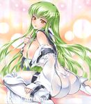  artist_name ass at_classics bangs breasts brown_eyes c.c. code_geass eyebrows_visible_through_hair from_behind green_eyes green_hair hand_on_own_leg large_breasts long_hair long_sleeves looking_at_viewer looking_back parted_lips sample sideboob sitting solo traditional_media wariza watermark 