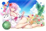  ball beach beachball blush border breasts cleavage closed_mouth cloud collarbone day dress eyewear_removed fate/grand_order fate_(series) flip-flops flower food fou_(fate/grand_order) fruit full_body glasses grapes hair_flower hair_ornament hibiscus holding holding_eyewear hood hoodie jacket large_breasts looking_at_viewer lying mash_kyrielight nakajima_yuka off_shoulder on_side panties pineapple pink_hair purple_eyes sandals shoes short_hair sky smile solo strap_pull sunlight tropical_drink underwear watermelon_beachball white_border white_dress white_footwear white_jacket white_panties 