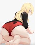  ass barefoot black_shirt blonde_hair blush commentary eyebrows_visible_through_hair from_behind hair_between_eyes heart heart_print highres kneeling long_hair looking_at_viewer looking_back mengo new_game! no_pants open_mouth panties profile red_panties shirt simple_background solo underwear yagami_kou 