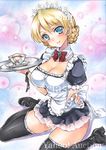  alternate_costume apron artist_name at_classics bangs black_footwear black_legwear blonde_hair blue_eyes blush bow bowtie braid breasts cleavage closed_mouth cup darjeeling detached_collar enmaided eyebrows_visible_through_hair french_braid frilled_apron frills girls_und_panzer holding holding_tray looking_at_viewer maid maid_headdress medium_breasts red_bow red_neckwear sample saucer shoes short_hair sitting smile solo teacup thighhighs traditional_media tray waist_apron wariza watermark white_apron zettai_ryouiki 