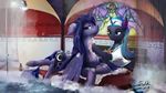  16:9 2017 bathing blue_eyes blue_fur blue_hair cutie_mark detailed_background discordthege duo equine female feral friendship_is_magic fur hair headband hi_res hooves horn long_hair magic mammal my_little_pony princess_luna_(mlp) smile spa sponge water wet_hair winged_unicorn wings 