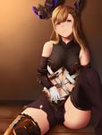  against_wall bare_shoulders black_legwear breasts brown_eyes brown_hair closed_mouth commentary gloves granblue_fantasy hand_on_own_stomach head_tilt highres long_hair looking_at_viewer medium_breasts mengo navel on_floor sitting smile solo song_(granblue_fantasy) thighhighs white_gloves 
