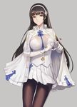  absurdres black_legwear breasts brown_eyes brown_hair fingerless_gloves girls_frontline gloves grey_background hairband heart heart_hands highres large_breasts long_hair looking_at_viewer monaim pantyhose qbz-95_(girls_frontline) simple_background skirt smile solo very_long_hair white_gloves white_hairband 