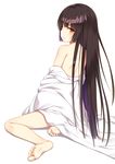 bangs bare_shoulders barefoot black_hair blunt_bangs blush commentary enma_ai eyebrows_visible_through_hair feet flan_(seeyouflan) from_behind highres hime_cut japanese_clothes jigoku_shoujo long_hair long_sleeves looking_at_viewer looking_back off_shoulder simple_background sitting soles solo toes undressing white_background yellow_eyes yokozuwari 