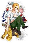  1boy all_might baggy_pants baggy_shirt black_sclera blonde_hair blood boku_no_hero_academia bottle bunny_print cellphone clenched_hand figurine flip_phone green_eyes handkerchief holding_shirt looking_at_viewer male_focus medicine necktie paper paperclip poddo school_work skinny soda solo t-shirt wallet white_shirt 