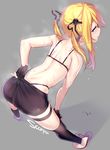  adjusting_clothes adjusting_shorts bent_over black_bra black_gloves black_legwear black_panties blonde_hair blue_eyes boots bra dev fingerless_gloves from_above girls_frontline gloves grey_background hair_ornament highleg highleg_panties highres long_hair looking_back panties panties_under_shorts shorts sidelocks simple_background solo string_panties sweat thigh_strap thighhighs twintails underwear vz.61_(girls_frontline) 