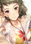  arm_up armpit_peek armpits beach bikini bikini_under_clothes black_hair breasts brown_eyes closed_mouth commentary_request day hizuki_akira kawakami_sadayo large_breasts lifted_by_self looking_at_viewer outdoors persona persona_5 print_shirt see-through shirt shirt_lift short_hair short_sleeves smile solo striped_bikini_top swimsuit upper_body water wet wet_clothes wet_shirt whistle white_shirt 
