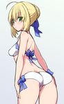  ahoge arched_back artoria_pendragon_(all) ass bare_shoulders bikini blonde_hair blush bow braid breasts commentary_request cowboy_shot fate/grand_order fate/stay_night fate_(series) from_behind green_eyes hair_bow hair_bun hand_on_own_thigh looking_at_viewer looking_back medium_breasts saber shiny shiny_skin simple_background standing stroma swimsuit white_bikini 