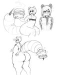  &lt;3 5_fingers anthro bangs big_butt blush breasts burger butt demon drooling eating eyelashes female food hair hi_res huge_butt inverted_nipples line_art mammal modeseven monochrome navel nipples nude nuki pepperoni raccoon saliva sausage simple_background small_breasts solo sweat tanuki white_background wide_hips 