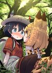  animal_ears backpack bag between_legs black_hair black_legwear blonde_hair blush commentary_request cover cover_page dappled_sunlight day doujin_cover extra_ears face-to-face grass hair_between_eyes hat hat_feather helmet kaban_(kemono_friends) kemono_friends looking_at_another multiple_girls on_ground outdoors pantyhose pith_helmet red_shirt serval_(kemono_friends) serval_ears serval_print serval_tail shipii_(jigglypuff) shirt short_hair short_sleeves shorts sitting sleeveless smile sunlight sweatdrop t-shirt tail tree under_tree yellow_eyes yuri 