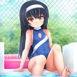  brown_eyes chain-link_fence fence foot_hold girls_und_panzer innertube kitayama_miuki long_hair one-piece_swimsuit pool reizei_mako solo swimsuit water 