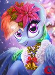  2017 blue_feathers equine feathered_wings feathers feral flower flower_in_hair friendship_is_magic hair mammal multicolored_hair my_little_pony pegasus plant rainbow_dash_(mlp) rainbow_hair smile solo sorcerushorserus wings 
