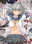  1girl absurdres admiral_(kantai_collection) arm_grab black_legwear blue_eyes breasts commentary_request constricted_pupils glasses gloves grey_skirt hair_ornament hair_over_one_eye hairclip hamakaze_(kantai_collection) hetero highres imminent_rape jaku_denpa kantai_collection looking_at_viewer lying medium_breasts midriff miniskirt navel necktie on_back out_of_frame pantyhose pleated_skirt pov pov_hands sailor_collar scared school_uniform serafuku short_hair silver_hair skirt solo_focus white_gloves wide-eyed 