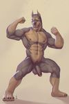  2016 4_toes 5_fingers abs absurd_res action_pose anthro balls biceps big_muscles black_fur black_nose brown_fur cain canine chromatic_aberration digital_media_(artwork) doberman dog ear_piercing fist flaccid flexing fur gloves_(marking) green_eyes grin half-erect hi_res humanoid_penis industrial_piercing jairus looking_away male mammal markings multicolored_fur muscular muscular_male nipples nude open_mouth partially_retracted_foreskin pecs penis piercing pose pubes rrowdybeast simple_background smile socks_(marking) solo standing teeth thick_thighs toes tongue two_tone_fur uncut vein veiny_penis 