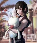  black_hair blurry blurry_background brown_eyes choker final_fantasy final_fantasy_xv highres hood ilya_kuvshinov iris_amicitia looking_at_viewer lord_of_vermilion lord_of_vermilion_iv moogle official_art parted_lips short_hair sleeveless solo stuffed_toy watermark 