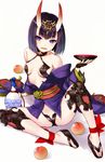  bangs blush bottle breasts collarbone cup eyebrows_visible_through_hair fangs fate/grand_order fate_(series) food fruit headpiece hijiri_ruka holding holding_cup horns japanese_clothes kimono knee_up looking_at_viewer obi oni oni_horns parted_lips peach purple_eyes purple_hair purple_kimono revealing_clothes sakazuki sake_bottle sash shadow short_hair shuten_douji_(fate/grand_order) simple_background sitting small_breasts smile solo thick_eyebrows white_background 