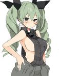  adapted_uniform anchovy anzio_military_uniform araki_kanao bangs black_neckwear black_ribbon black_shirt blush breasts brown_eyes closed_mouth clothes_around_waist dress_shirt drill_hair girls_und_panzer green_hair grey_pants hair_ribbon hands_on_hips jacket_around_waist long_hair looking_at_viewer medium_breasts military military_uniform necktie pants ribbon shirt short_necktie side_cutout sideboob simple_background sketch sleeveless sleeveless_shirt solo standing sweat twin_drills twintails uniform upper_body white_background 