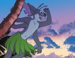  2017 4_arms 4_fingers alien antennae anthro athletic blue_fur blue_nose clothed clothing cloud digital_media_(artwork) digital_painting_(artwork) disney experiment_(species) fur grass_skirt leaves lilo_and_stitch male multi_arm multi_limb notched_ear open_mouth open_smile palm_tree purple_mouth shiuk skirt sky smile solo stitch topless tree 