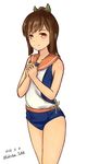  2016 blue_swimsuit brown_eyes brown_hair celestea_tera cowboy_shot dated highres i-401_(kantai_collection) kantai_collection one-piece_tan orange_sailor_collar ponytail sailor_collar school_swimsuit short_ponytail smile solo standing swimsuit swimsuit_under_clothes tan tanline twitter_username 