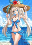  armpits bare_shoulders beach bikini bikini_skirt blue_bikini blue_eyes blue_sky blush breasts cloud commentary cowboy_shot crossed_legs day fate/grand_order fate_(series) flower hand_on_headwear hat hat_flower hat_ribbon head_tilt highres jewelry kazenokaze long_hair looking_at_viewer marie_antoinette_(fate/grand_order) marie_antoinette_(swimsuit_caster)_(fate) medium_breasts navel necklace outdoors ribbon sky smile solo sun_hat swimsuit twintails v very_long_hair water white_hair wrist_cuffs 