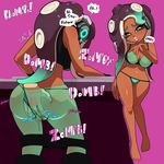  1boy 1girl ass back bikini breasts cameltoe cleavage crop_top dark_skin english erect_nipples fingering from_behind headphones heart hori_hiraki iida_(splatoon) navel nipples octarian panties_aside pussy_juice see-through shorts shorts_pull speech_bubble splatoon splatoon_2 tentacle_hair text 