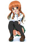  bangs black_legwear black_neckwear blouse blunt_bangs brown_footwear crotch_seam eyebrows_visible_through_hair full_body girls_und_panzer glasses green_skirt hand_on_own_face hand_on_own_thigh highres loafers long_hair long_sleeves looking_at_viewer miniskirt neckerchief ooarai_school_uniform open_mouth orange_eyes orange_hair ouhashi panties pantyshot pantyshot_(squatting) pleated_skirt school_uniform serafuku shoes simple_background skirt smile solo squatting sweat takebe_saori thighhighs underwear white_background white_blouse white_panties 