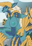  2017 anthro bearbox_doodletimes big_breasts blue_eyes breasts capcom claws dragon fanged_wyvern female fur horn looking_at_viewer monster_hunter reptile scales scalie simple_background smile solo video_games zinogre 