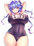  arms_behind_head ass_visible_through_thighs blue_hair blush breasts commentary_request covered_nipples curvy hair_ornament hair_ribbon highres i-19_(kantai_collection) impossible_clothes impossible_swimsuit kantai_collection large_breasts long_hair name_tag navel one-piece_swimsuit red_eyes ribbon school_swimsuit solo star star-shaped_pupils swimsuit symbol-shaped_pupils taut_clothes taut_swimsuit thick_thighs thigh_gap thighs tri_tails tsukumiya_amane white_background wide_hips 
