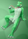  2015 3_toes 4_fingers abs amber_eyes anthro anthrofied arm_support athletic balls barefoot biceps bracelet claws collar digitigrade dinosaur edit flaccid green_scales hi_res humanoid_penis jewelry long_tongue looking_at_viewer male mario_bros navel nintendo nipples nude partially_retracted_foreskin pecs penis reptile scales scalie sitting solo spiked_bracelet spikes toe_claws toes tongue tongue_grab tongue_out uncut vader-san video_games yoshi 