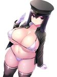  akitsu_maru_(kantai_collection) alternate_skin_color bikini black_eyes black_hair black_hat black_legwear breasts fat gloves hat highres huge_breasts jacket kantai_collection looking_at_viewer micro_bikini military_hat navel open_clothes open_jacket peaked_cap plump salute shiny shiny_skin short_hair simple_background skindentation solo strap_gap string_bikini swimsuit thick_thighs thighhighs thighs tsukumiya_amane white_background wide_hips 