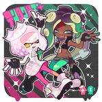  2017 beauty_mark boots cephalopod clothing crown dark_skin dress duo female fingerless_gloves footwear gloves green_eyes hair headphones humanoid inkling jacket marina_(splatoon) marine mask nintendo not_furry octoling octopus pearl_(splatoon) short_hair splatoon squid tentacle_hair tentacles video_games yellow_eyes な 